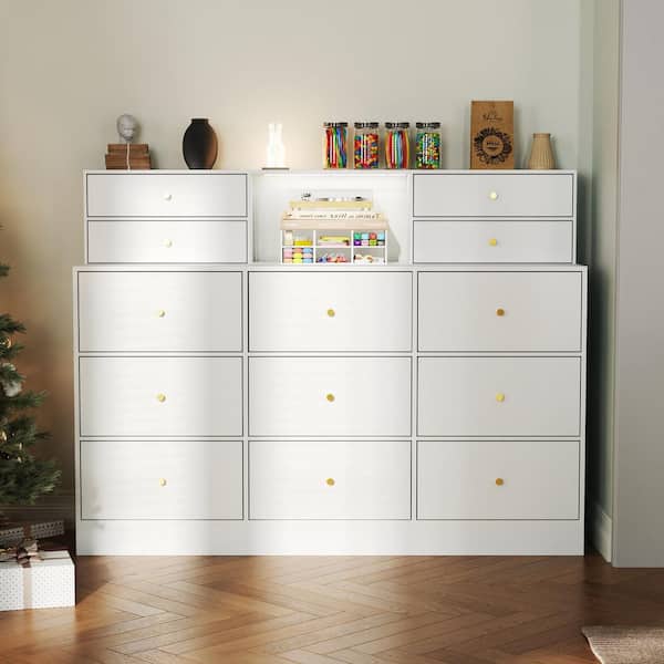 FUFU&GAGA 63 in. W 13-Drawer White Wood Dresser Closet System with Adjustable Lights, 47.2 in. H x 15.4 in. D