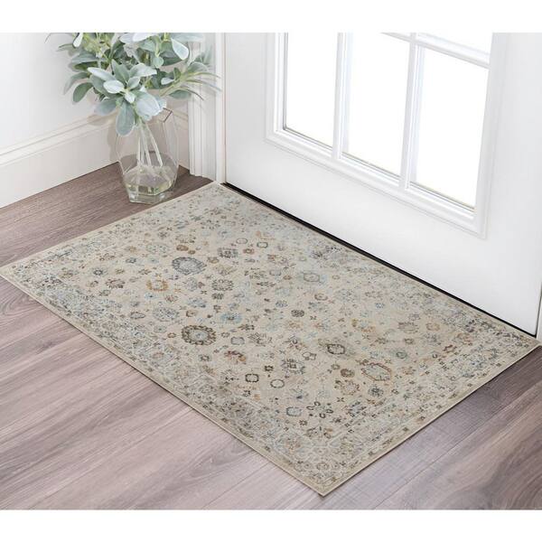 3 ft. x 5 ft. Ivory Blue And Gray Floral Medallion Area Rug