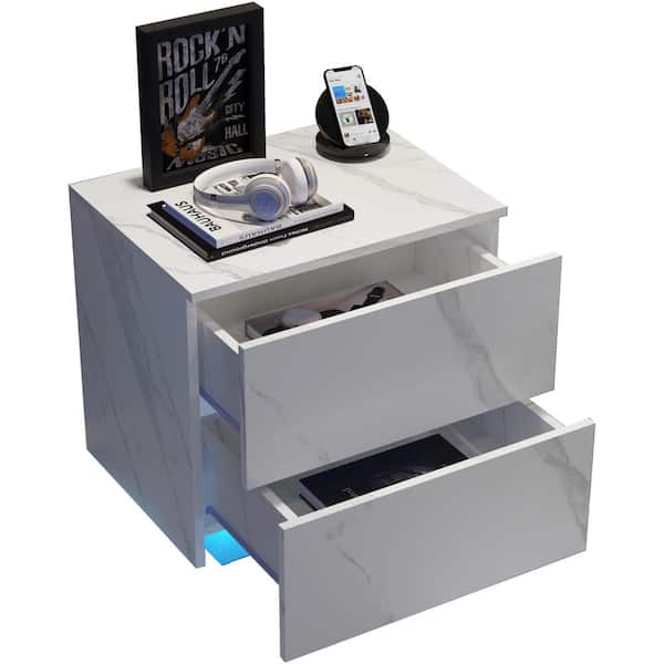 Qualler White 2-Drawers 19.7 in. W Nightstand with LED