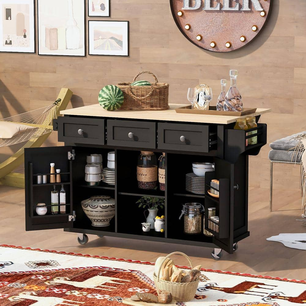 Cesicia Black Rubberwood Drop-Leaf Countertop 53.1 in. Kitchen Island Cart with Cabinet Door Internal Storage Racks and 3-Drawer