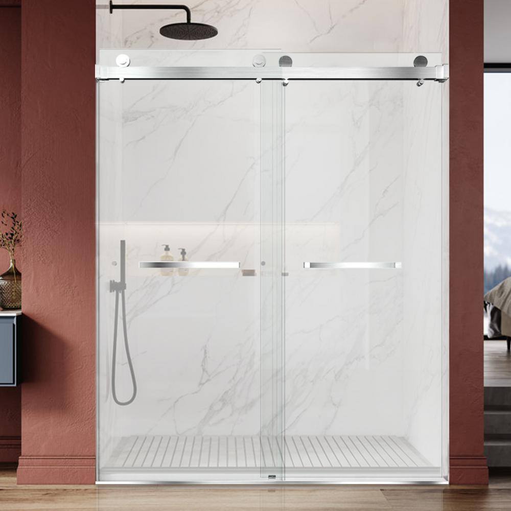 60" Frameless Brushed Nickel Sliding Shower Door with Clear Glass