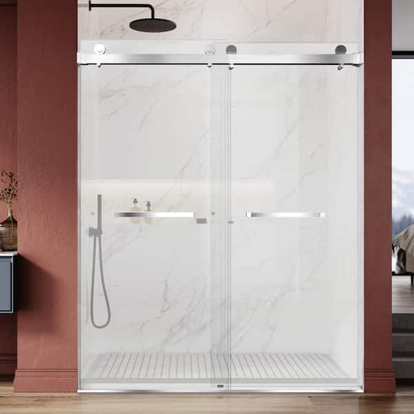 ANGELES HOME 56 in.-60 in. W x 76 in. H Double Sliding Frameless Soft Close Shower Door in Brushed Nickel with Tempered Glass