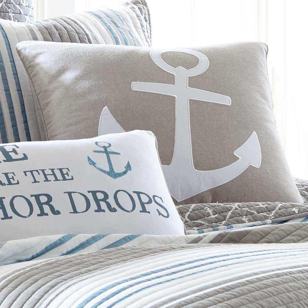 Beige and White Embroidered Anchor Square Throw Pillow