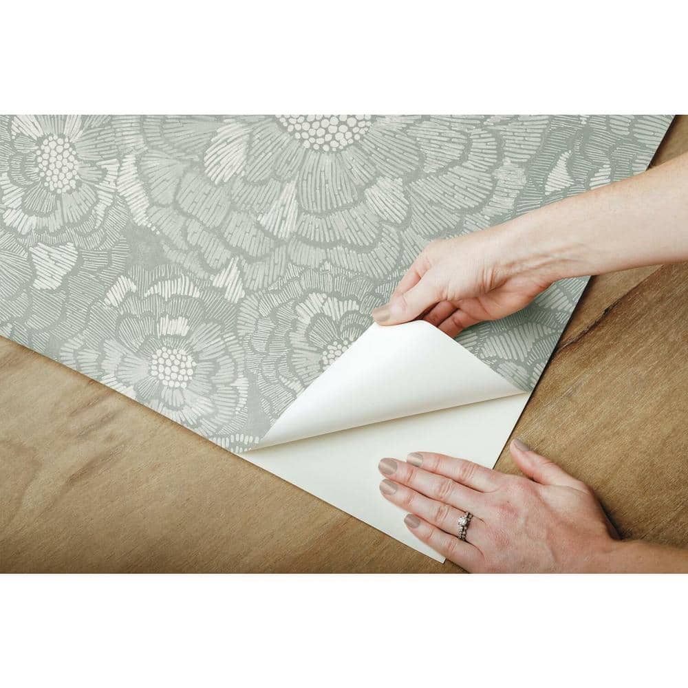 Green and Taupe Vinyl Floral Peel and Stick Wallpaper Roll