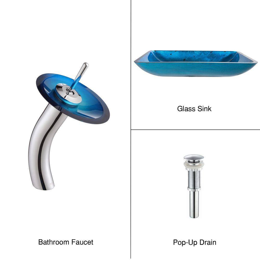Fire Blue Glass Rectangular Vessel Sink with Chrome Faucet