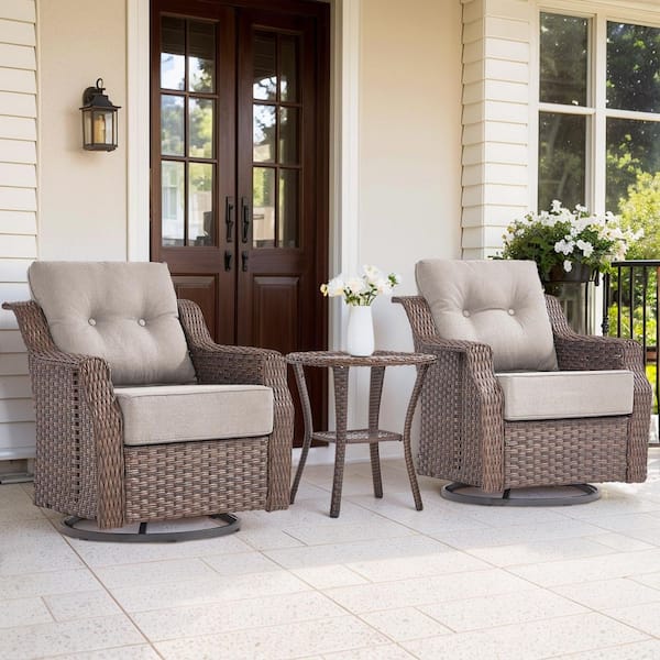 Modern Farmhouse 3-Piece Brown PE Wicker Patio Conversation Set with 6 in. Olefin Beige Cushions/Wide Armrest