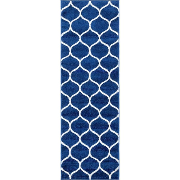 Trellis Frieze Rounded Navy Blue 2 ft. x 6 ft. Area Rug