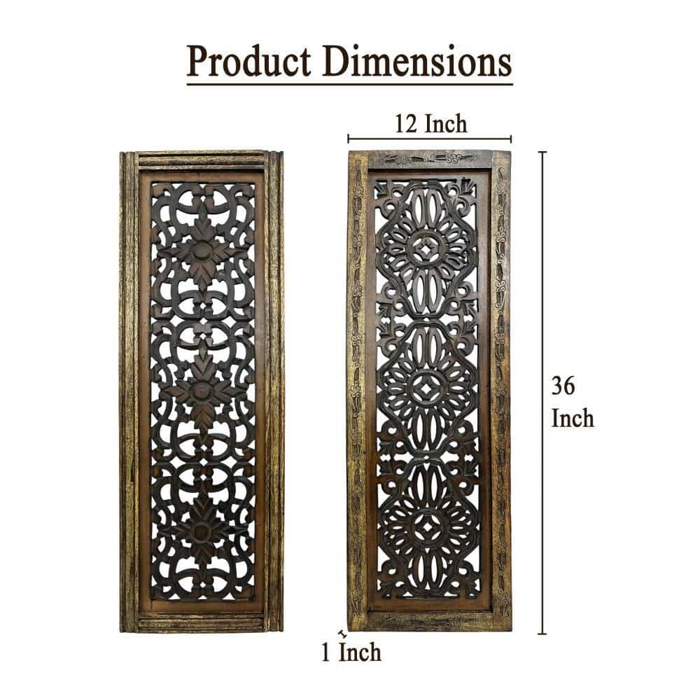 Rustic Brown Hand Carved Wooden Wall Panels, Set of Two