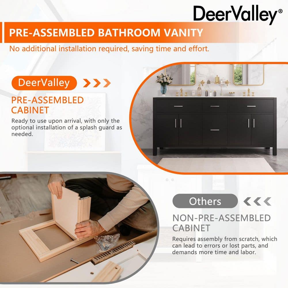 72" Black Double Freestanding Bathroom Vanity with Marble Top