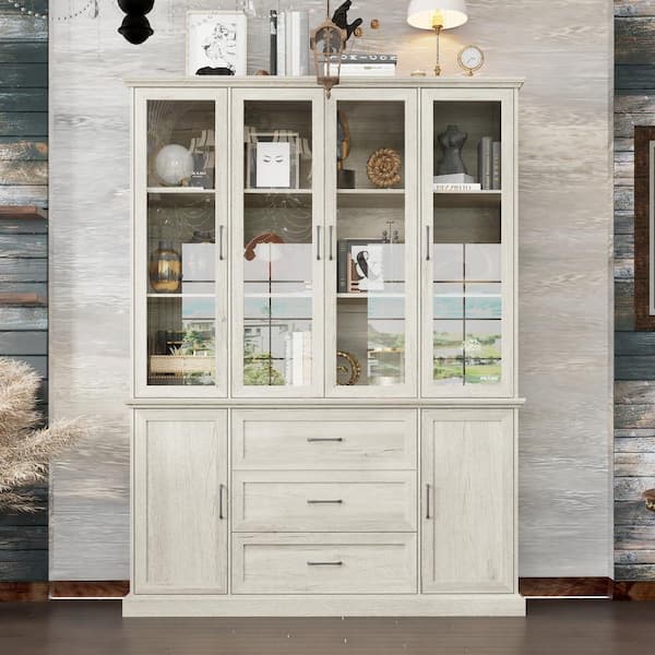 FUFU&GAGA Vintage Style Beige Wood Grain 81.7 in. H Accent Cabinet, Bookcase, Display Cabinet with 13-Shelves, 3-Drawers, 6-Doors