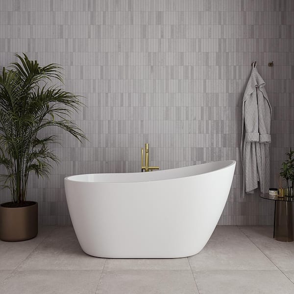 Streamline 55 in. x 28 in. Acrylic Freestanding Soaking Bathtub in Glossy White with Polished Brass Drain
