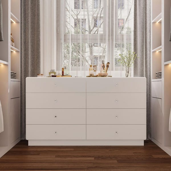 White 8-Drawer 55.1 in. Chest of Drawers with Glass Top Visible Storage and Adjustable LED Lighting