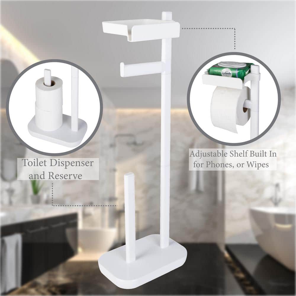 White Freestanding 3-in-1 Toilet Paper Holder with Adjustable Shelf
