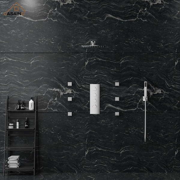 6-Spray Patterns 12 in. Wall Mounted Rainfall Shower Faucet and Dual Shower Heads System 6 Body Jets in Brushed Nickel