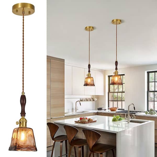 Home Light 60-Watt 1Light Gold Pendant Light With Brown Amber Glass Shade, No Bulbs Included, 3Pack