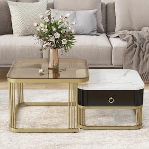 23 in. W Brown Tempered Glass Nesting End Table Black Coffee Table with Drawer(Set of 2)