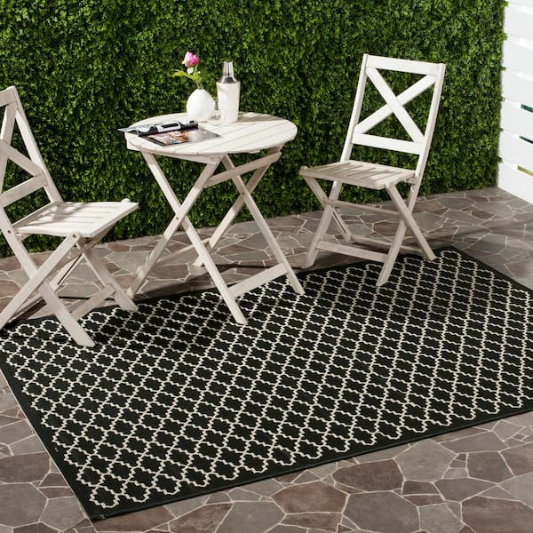 Courtyard Black/Beige 5 ft. x 5 ft. Square Geometric Indoor/Outdoor Patio  Area Rug