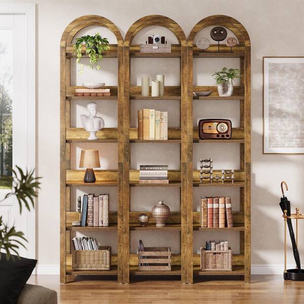Eulas 71in. 3PCS Tall Brown Wood Arched Bookshelf Narrow Skinny Bookshelf with 6 Open Shelves for Home Office, Open Back