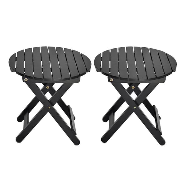 Outdoor Patio Side Table Set of 2 Small Folding Wood Round End Table Coffee for Living Room, Bedroom, Camping Black