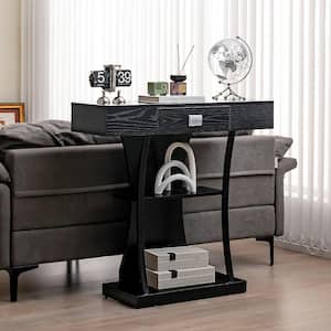 35 in. Black Rectangle Wooden Sofa Console Table with Drawer and 2-Tier Shelves for Entryway Living Room