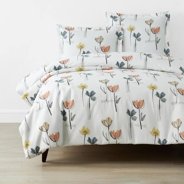The Company Store Company Cotton Tulip Blossom White Multi Full Cotton Percale Duvet Cover