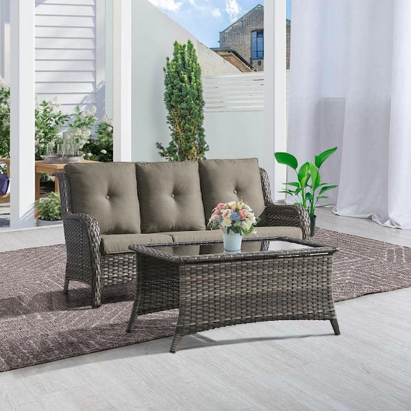 Opohoro ArcoBay 2-Piece Gray Wicker Outdoor 3-Seat Couch Sofa Patio Conversation Set with Gray Cushions and Coffee Table