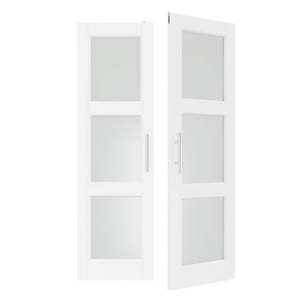 56 in. x 80 in. Solid Wood and MDF, 3 Lite, Frosted Glass, White Primed, Pantry Door, Interior Door Slab with Ball Catch