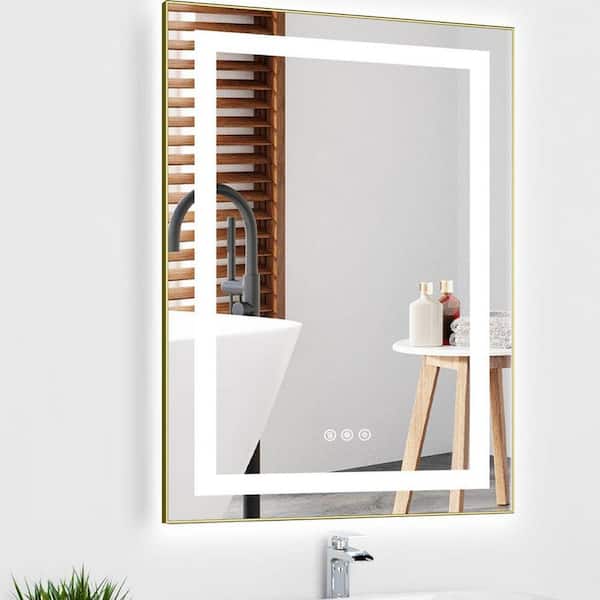 20 in. W x 30 in. H Rectangular Aluminum Framed Backlit and Front Light LED Wall Bathroom Vanity Mirror in Brushed Gold