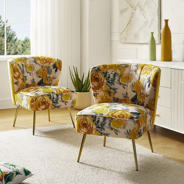 Amata Contemporary and Classic Yellow Comfy Elegant Pattern Side Chair with Tufted Back and Metal Base (Set of 2)
