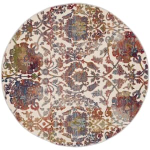 Global Vintage White/Multi 4 ft. x 4 ft. All-Over Design Transitional Round Area Rug