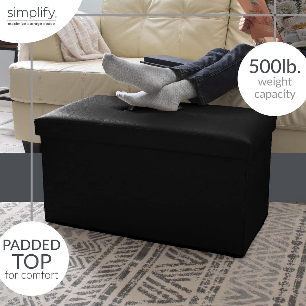 Black Faux Leather Collapsible Storage Ottoman with Tufted Top