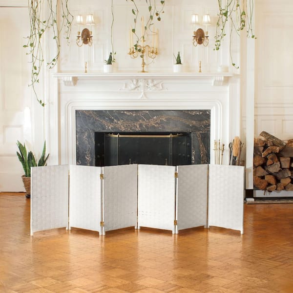 Oriental Furniture 2 ft. Short Woven Fiber Folding Screen - 6 Panel - White