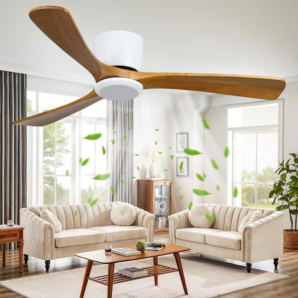 52 in. Indoor White 3 Solid Wood Blades Flush Mount Standard Ceiling Fan with DC Motor and Remote Control Included