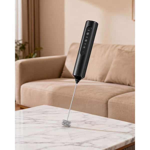 Stainless Steel Milk Frother Handheld Drink Mixer 3-Speed with Stand, 3-Whisks, Storage Box, Black