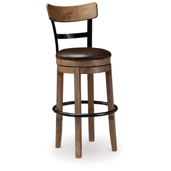 Pinnadel 30.5 in. Brown Low Back Wood Bar Stool Upholstered Stool with Faux Leather Seat
