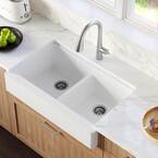 Retrofit Farmhouse Apron Front Quartz Composite 34 in. Double Bowl Kitchen Sink in White