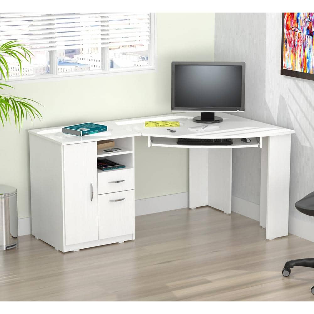 White L-Shaped Corner Desk with Drawers and Keyboard Tray