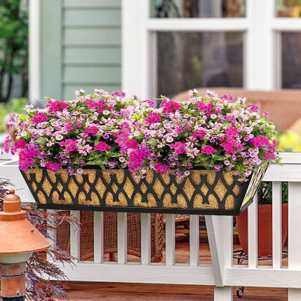 Justincity 16" Black Carbon Steel Railing Planter, Heavy Duty Drainage Hanging Window Box Planters, Outdoor Flower Basket 4Pck