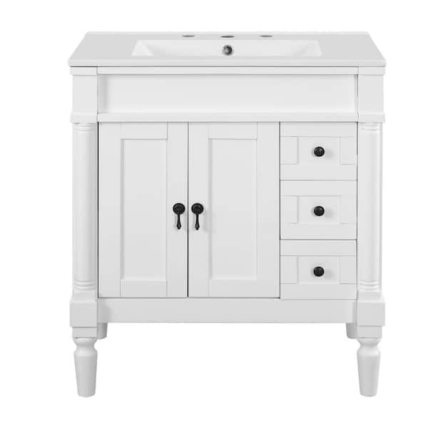 30 in. Single Sink White Bath Vanity with White Ceramic Top, Adjustable U-Shaped Shelf, 3 Drawers, Unassembled