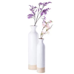 Glossy White Lacquer and Natural Bamboo Cylinder Shaped Tall Spun Bamboo Floor Vase (Set of 2)