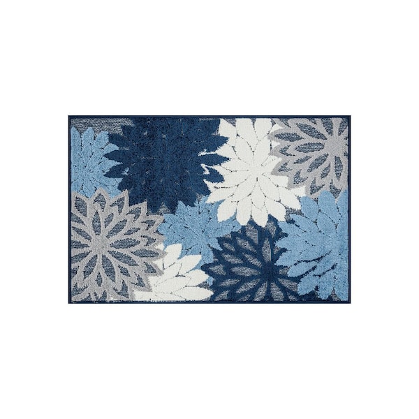 Floral Design Indoor/Outdoor High-Low Textured Area Rug, Floral, Easy-Clean Patio Rug 2 ft. x 3 ft. Navy