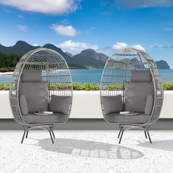 BFB 2 -Pieces Oversized Patio Gray Wicker Swivel Egg Chair, Indoor Outdoor Rattan Egg Chair