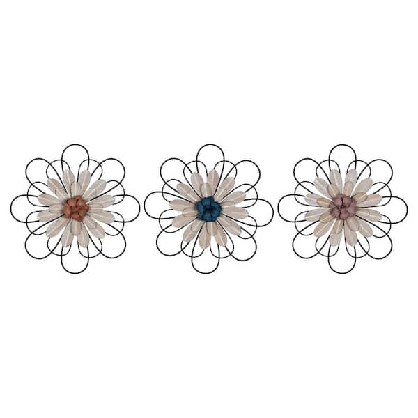 Stratton Home Decor Traditional 13 75 In Round Layered Metal And Wood Flowers Wall Set Of 3 S42498 - Stratton Home Decor Rustic 3 Piece Flower Set