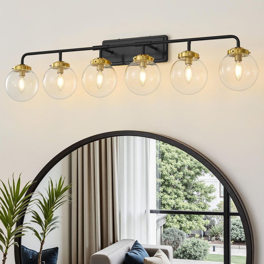 Modern 45.28 in. 6-Light Black and Gold Bathroom Vanity Light with Clear Glass Shades, Suitable for Bathrooms price history on PriceWatchPro