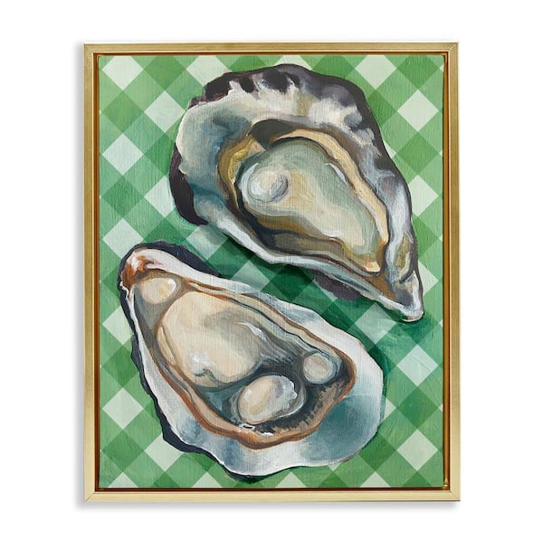 Stupell Industries Oysters on Green Plaid by Daphne Polselli Gold Floater Frame Animal Graphic Art Print 21 in. x 17 in.