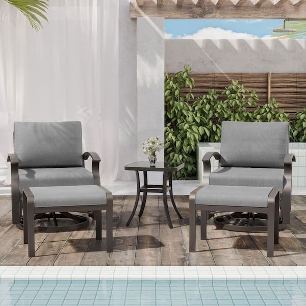 5-Piece Aluminum Swivel Outdoor/Indoor Rocking Chairs Patio Conversation Set with Grey Cushions and Table, Footstool