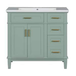 36 in. W Single Sink Freestanding Bath Vanity in Green with White Solid Surface Top, 2 Soft Close Doors and 4 Drawers