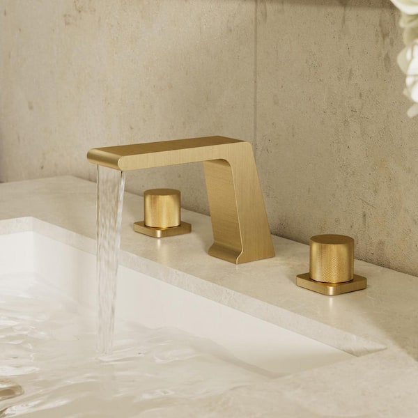 Waterfall 3-Hole Sink Faucet 8 in. Widespread Double Handle Bathroom Faucet in Brushed Gold Drain Included