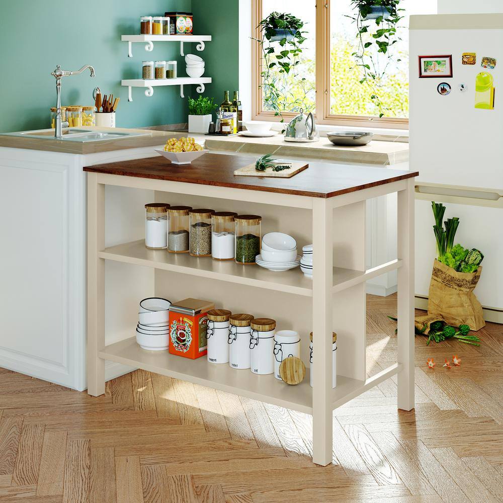 Walnut Rubber Wood Top and Cream White Wood 45 in. Kitchen Island
