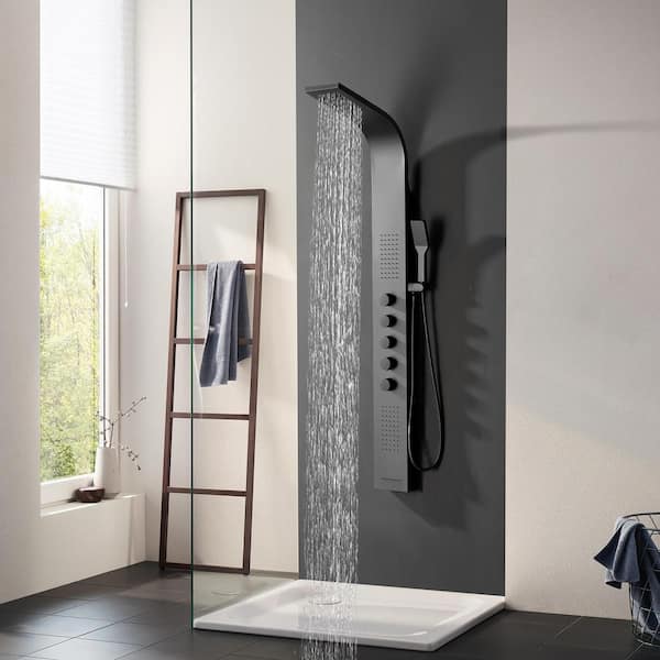 Dual 4-in-1, 2-Jet Shower Panel Tower System with Rainfall Waterfall Shower Head, and Massage Body Jets in Matte Black